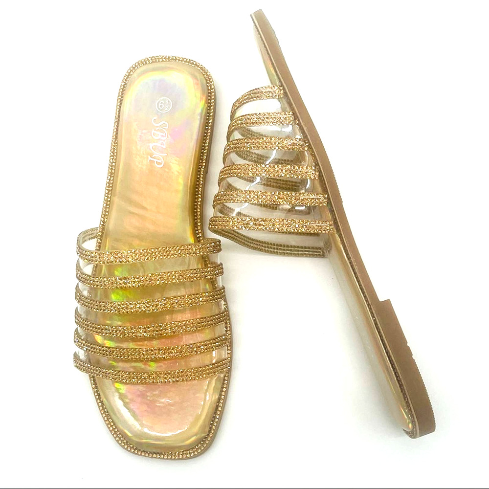 SBUP Woman's Gold Embellished Iridescent Slide Sandal NIB, Size 6 1/2
